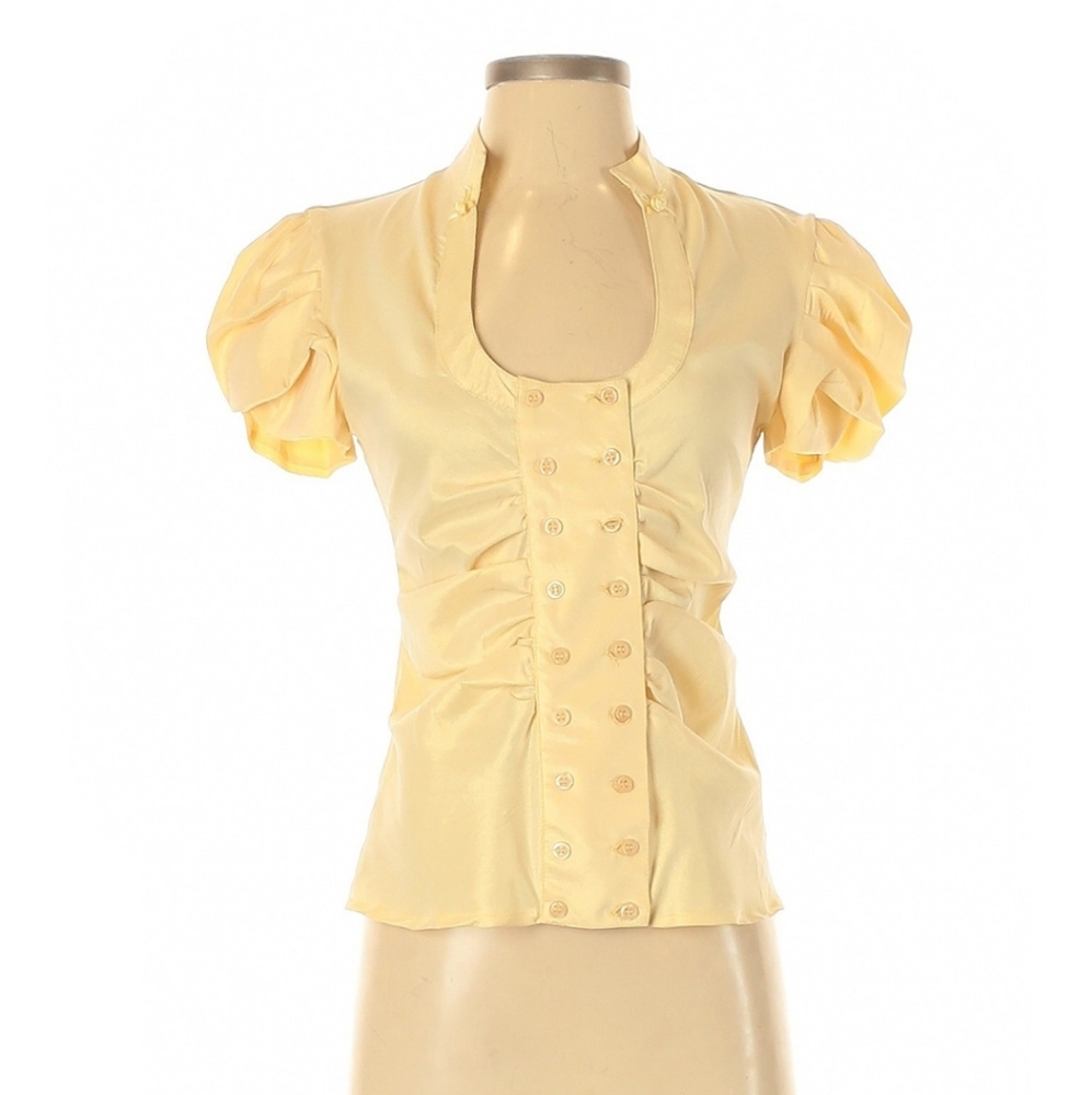 Scoop Neck Puff Sleeve Button Front Top SZ M